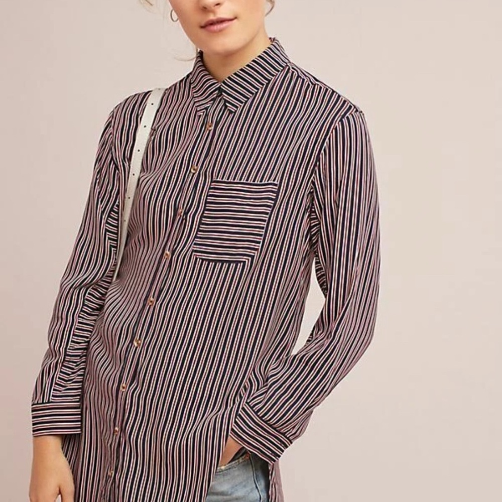 Maeve Anthropologie Adelaide Navy Red Striped Poplin Button Down Hi-Lo Sz Large - Picture 2 of 9
